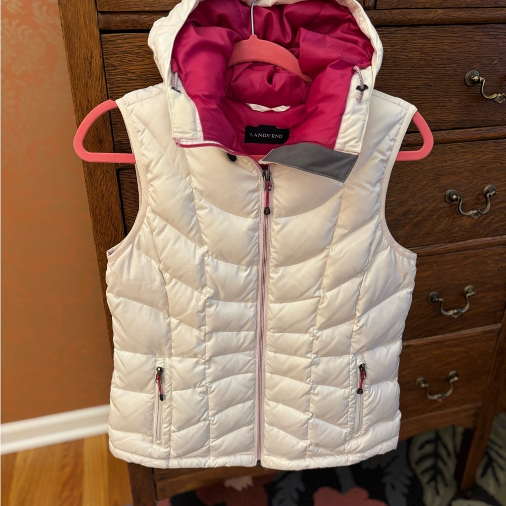 Lands' End White and Pink Puffer Vest